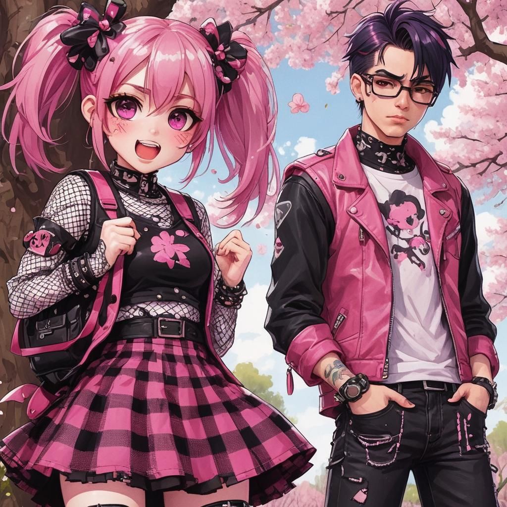 Anime Punk Girl and Nerdy Guy in Cherry Blossom Field