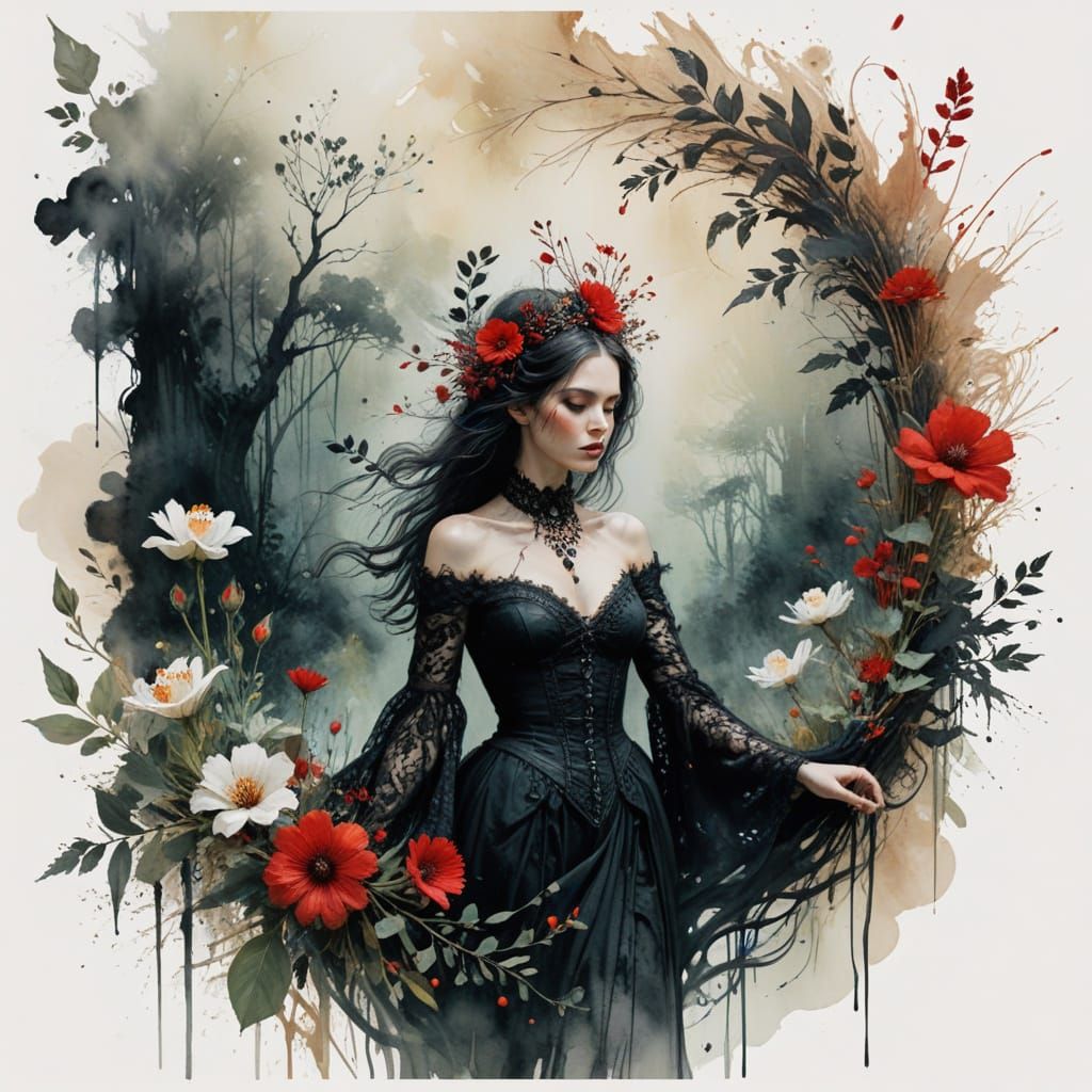 Ethereal Gothic Figure in Elaborate Black Lace and Ornate Ha...