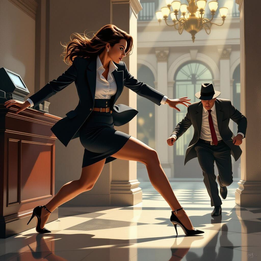 Bank Teller's High Heels Trip Escaping Robber