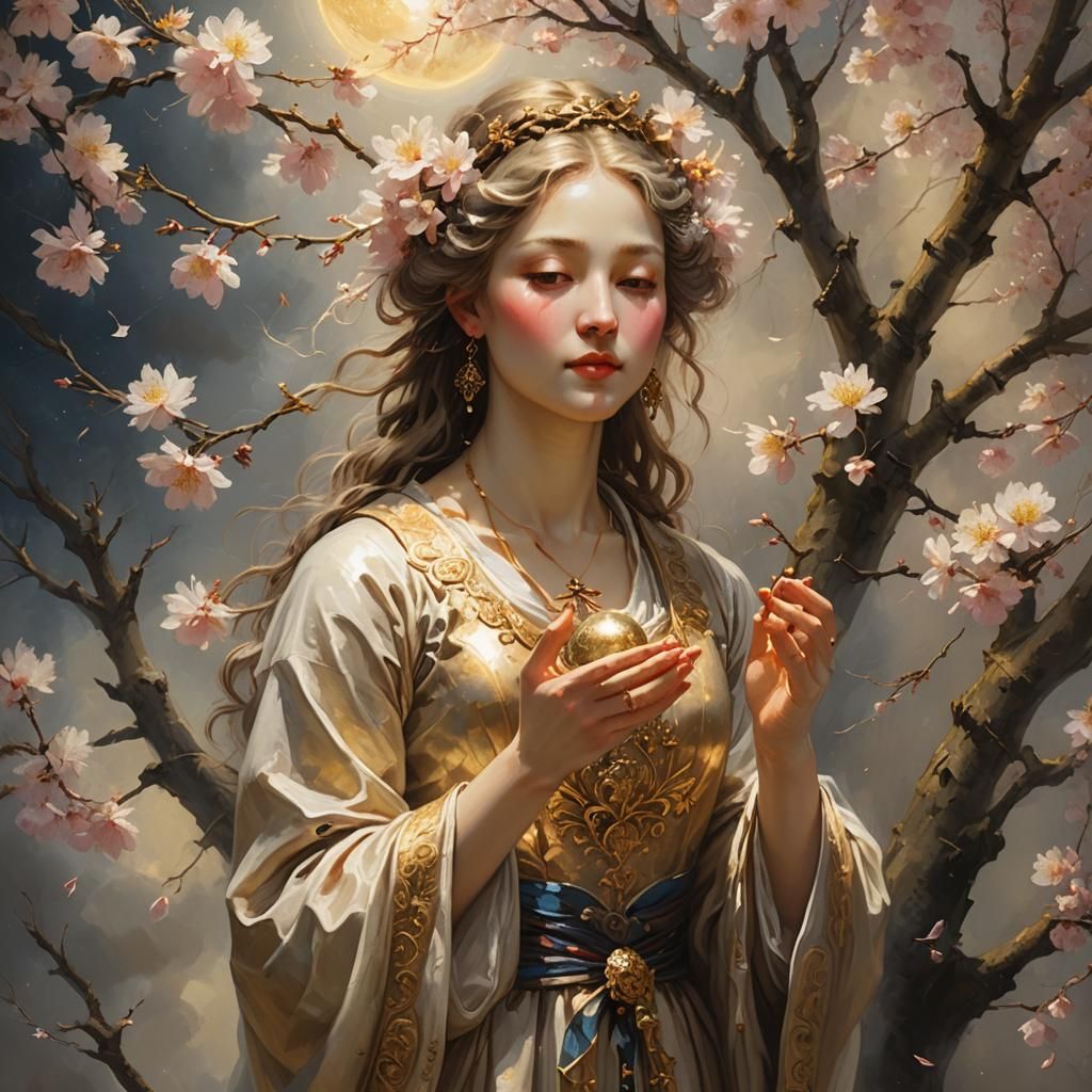 Moon Goddess Breathes Life into Cherry Blossom Tree