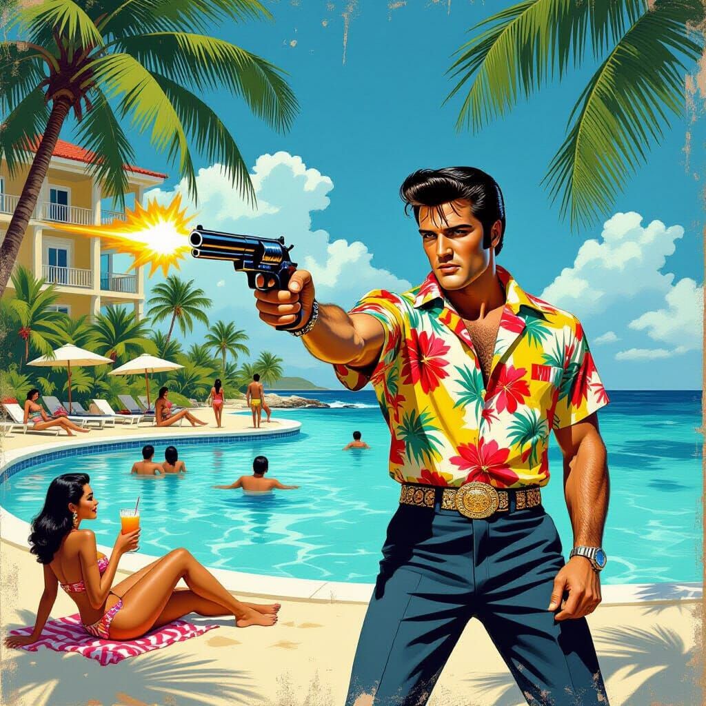 Elvis Shoots at the Beach, Pulp Art Style