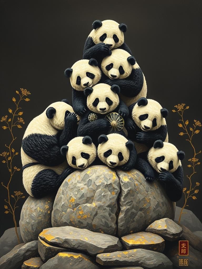 Pandas Form Pyramid with Gold Leaf Highlights