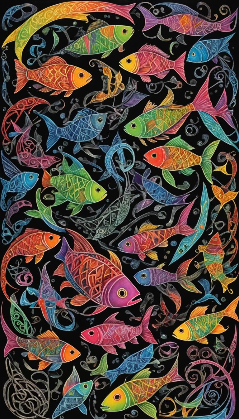 Surreal Celtic Fish Crayon Drawing with Rayograph