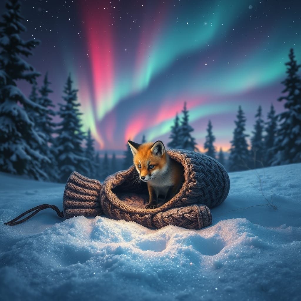 An abandoned knit mitten with an arctic fox kit exploring in...