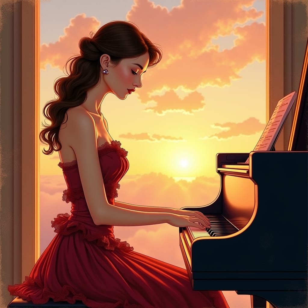 Crimson Dress: Woman at Piano, Watercolor Sunset