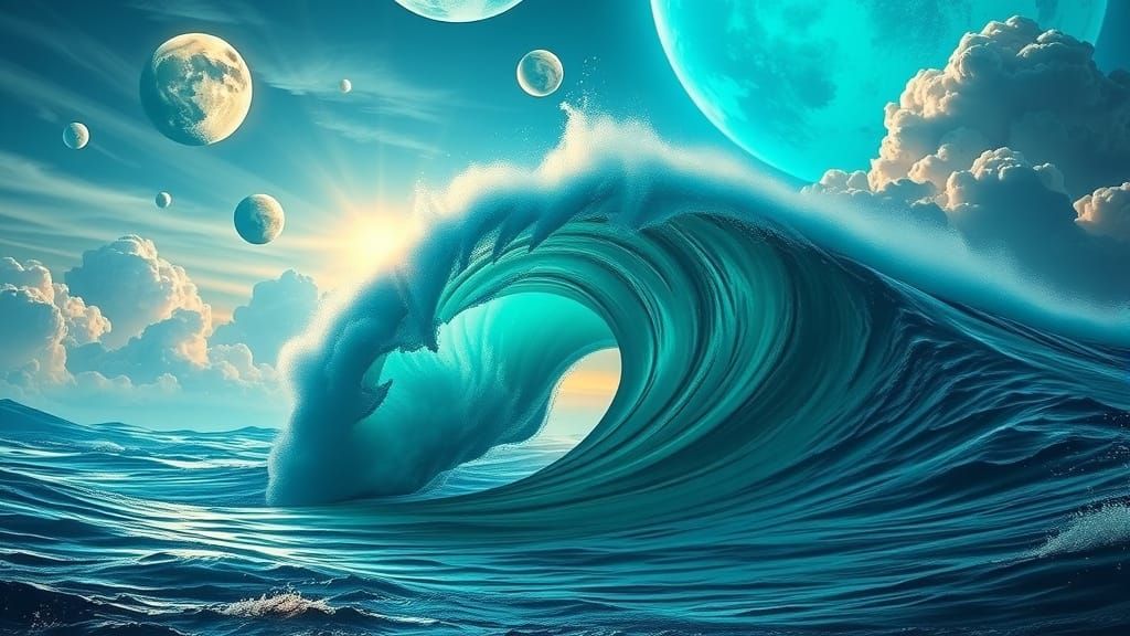 Surreal Dolphin Wave on Alien World with Iridescent Moons an...
