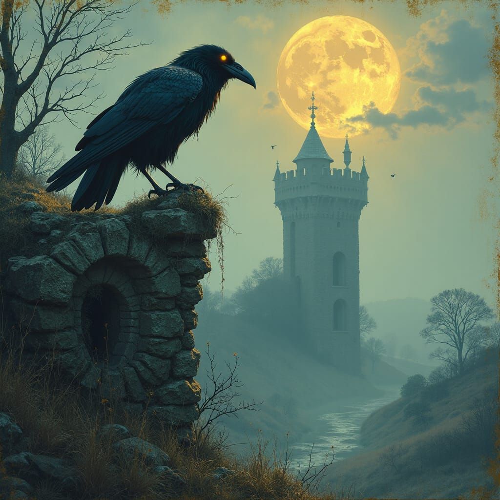 Spectral Raven on Gothic Tower in Golden Age Style