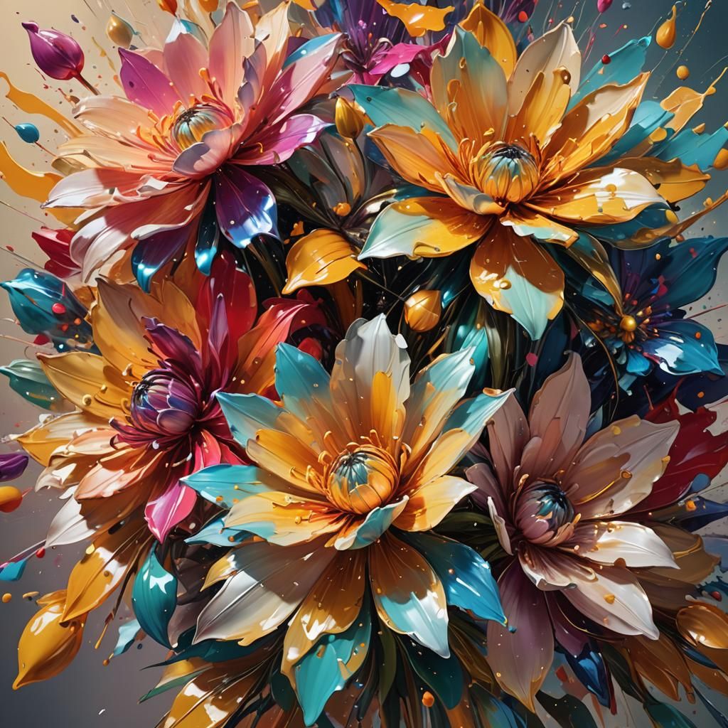 Vibrant Oversized Flowers Merging into Abstract Paint Splash...