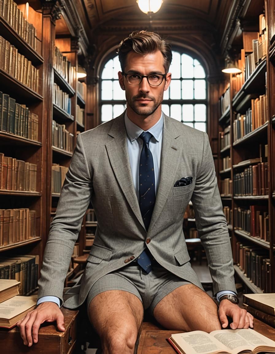 Library Scene: Handsome Librarian in Underwear
