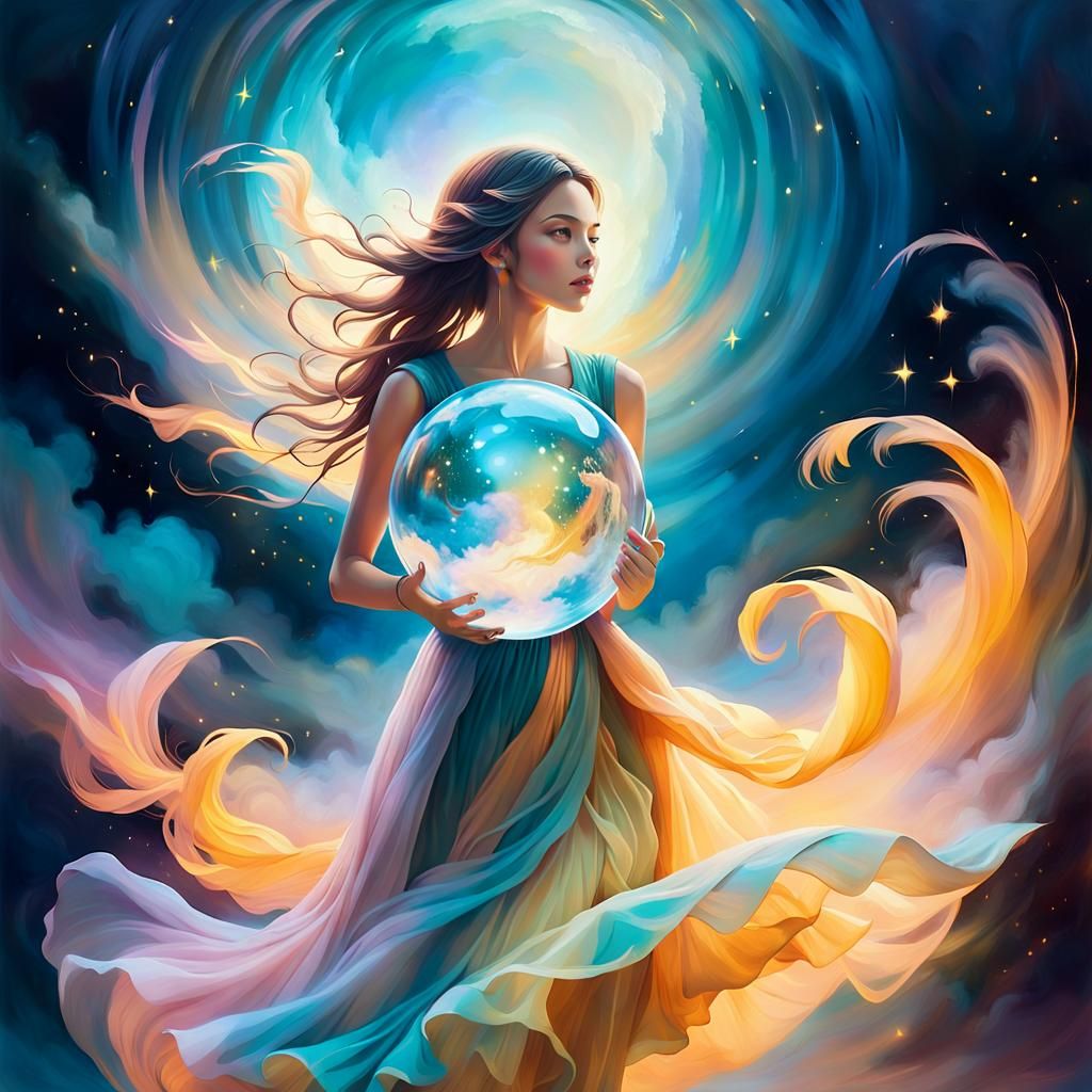 Girl Enters Dream Sphere in Whimsical Fantasy Art