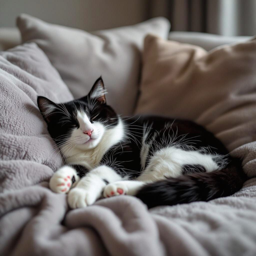 Black and White Cat Sleeping on Plush Couch