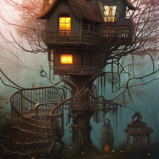 Creepy Surreal Treehouse at Night: Digital Art