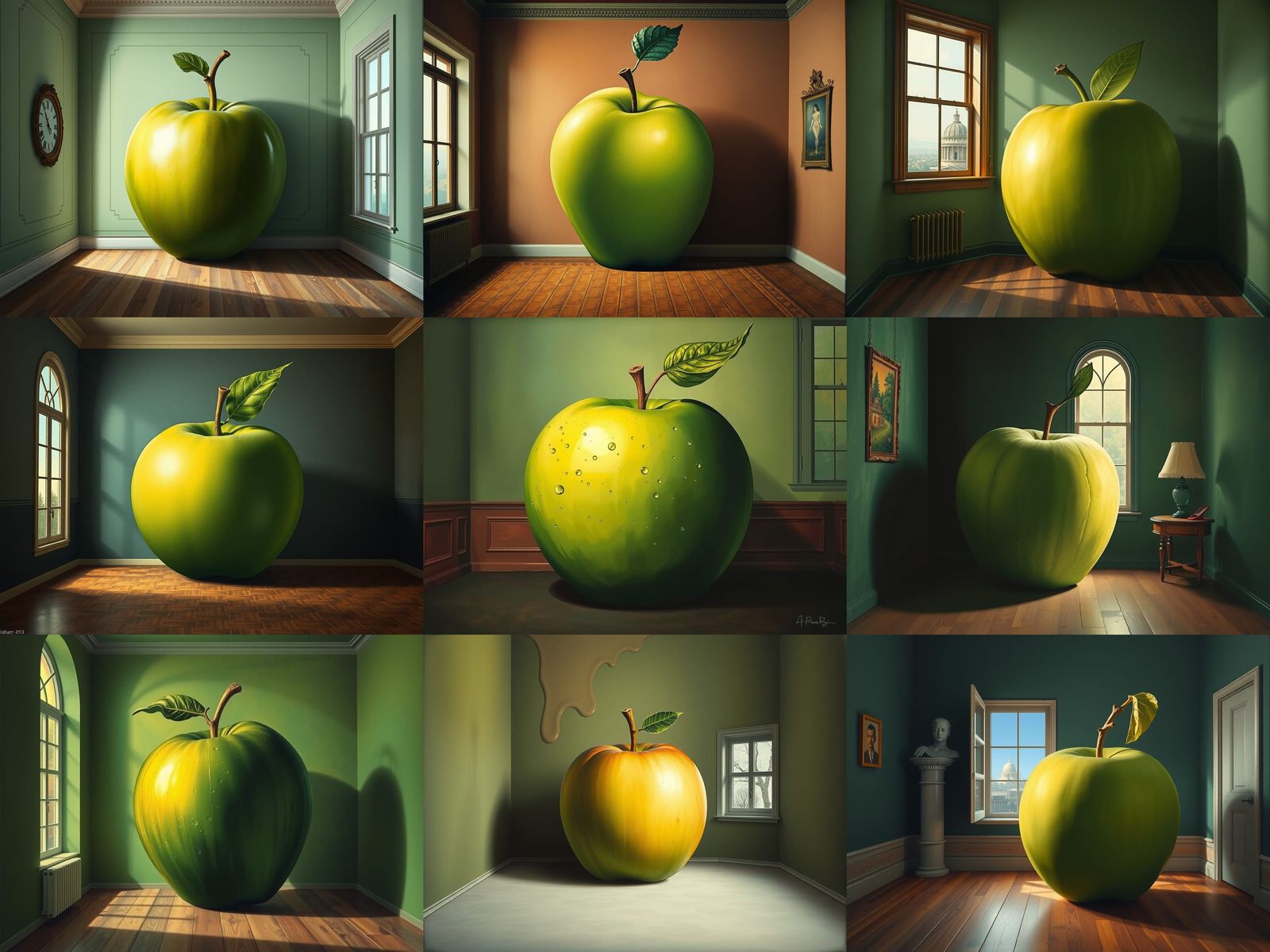 Giant green apple taking up 95% of space surrealism Salvador Dali matte background melting oil on canvas "in a room with...