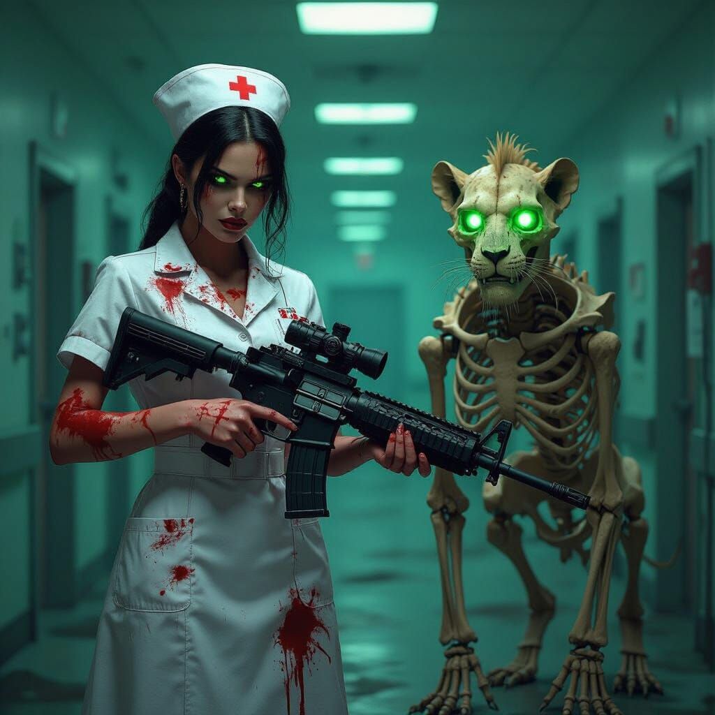 Demon Nurse With Skeletal Lion in Dark Fantasy Style