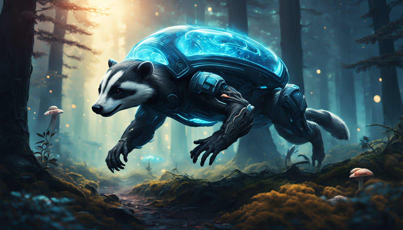 Alien Forest with Bioluminescent Mushrooms and Badger Creatu...