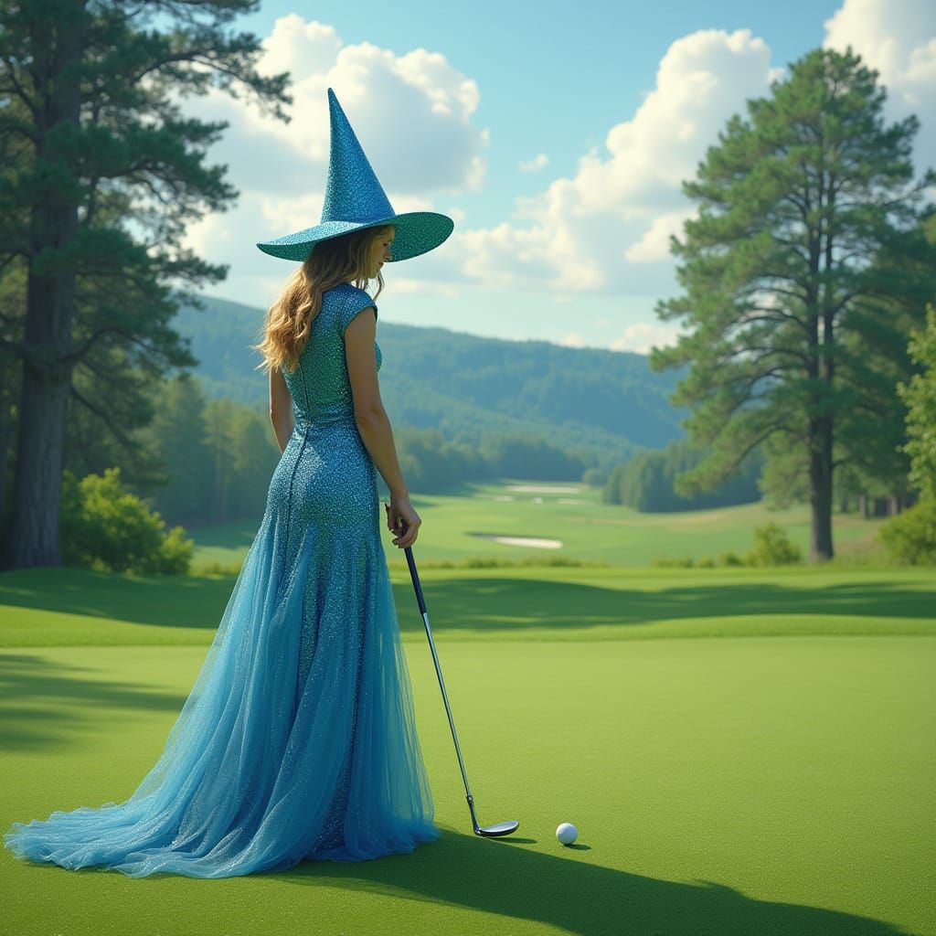 The Good Witch Glinda Plays Golf in a Lush Green Landscape