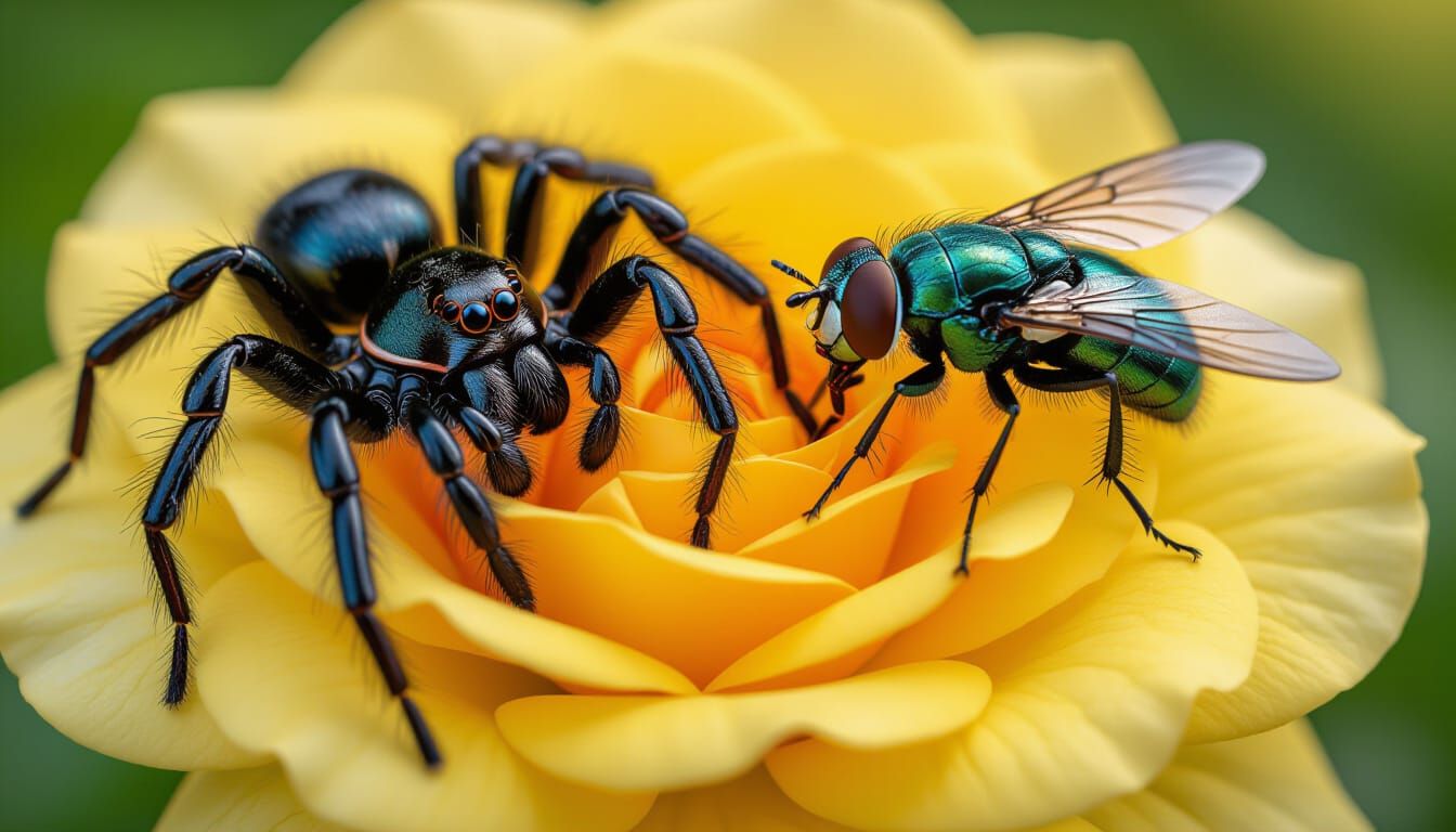 Giant Spider and Metallic Fly Friends on Yellow Rose