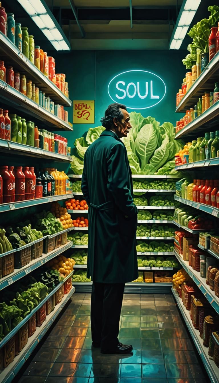 Surreal Supermarket Scene with Expired Soul, in Dali Style