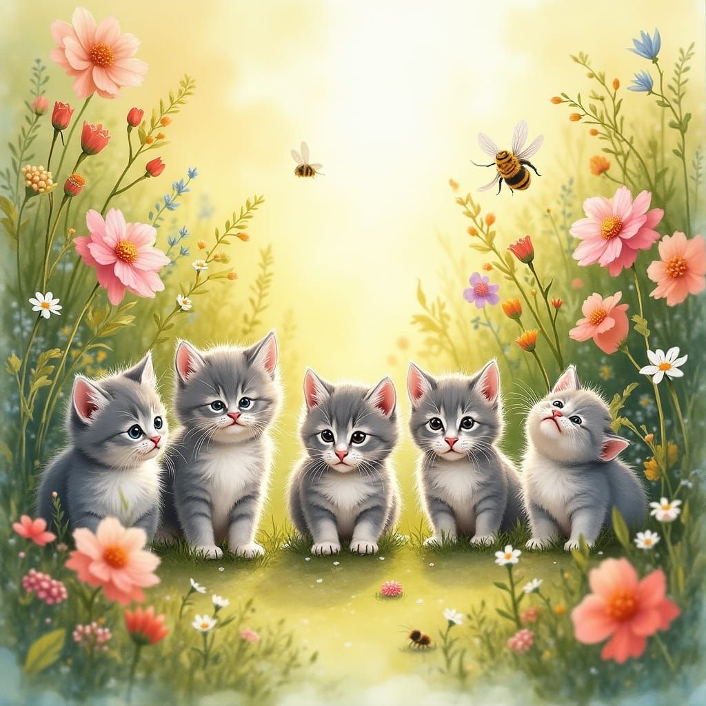 Whimsical Garden Kittens in Watercolor Style