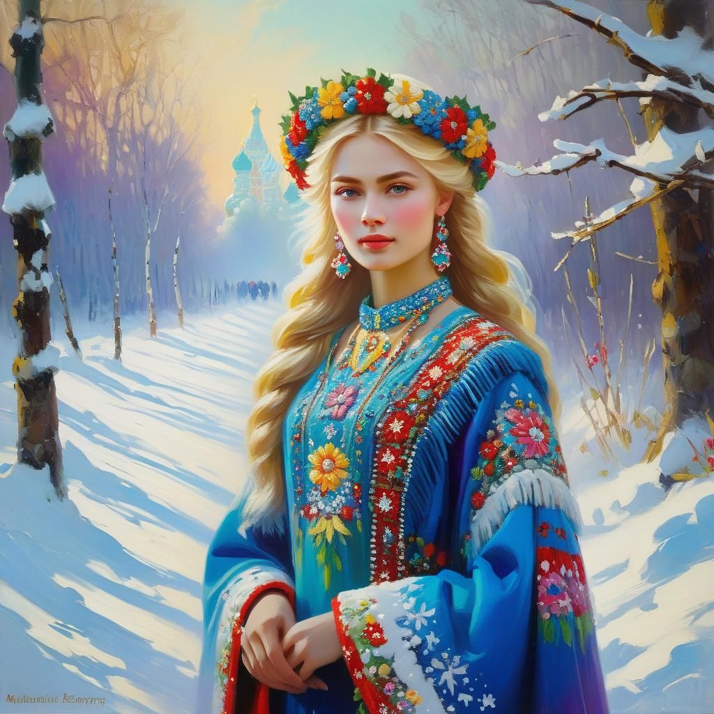Russian Blonde in Snowy Moscow: Oil Painting