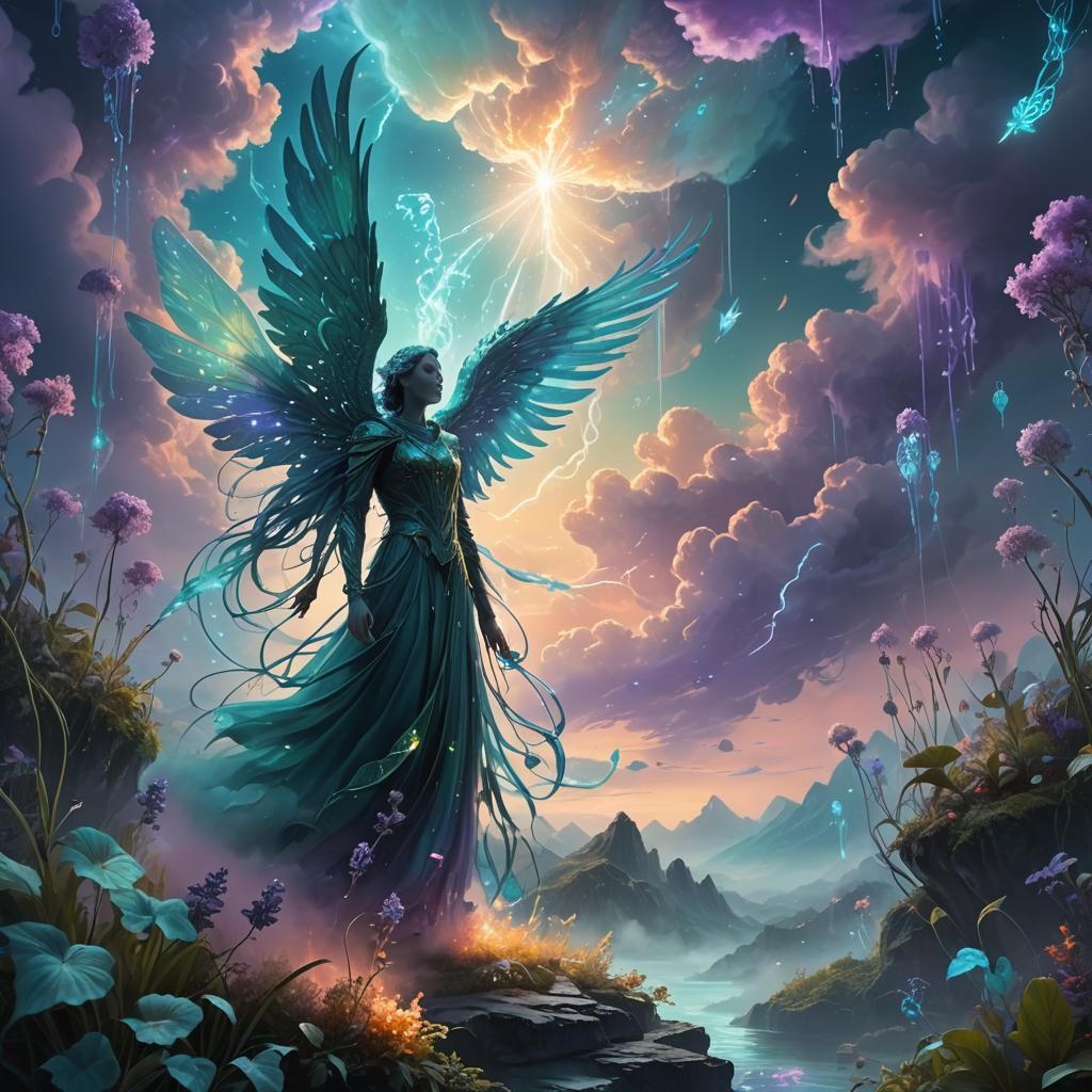Winged Figure in Bioluminescent Cloud: Matte Painting