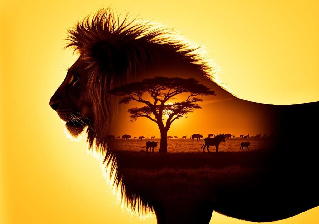 Lion Silhouette Double Exposure: African Savannah