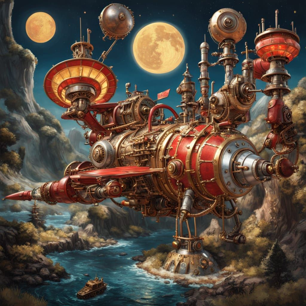Monstrous steampunk flying machine