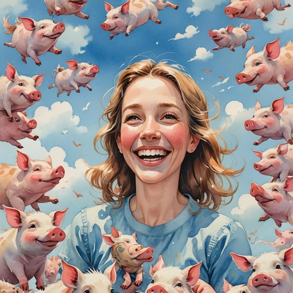 Whimsical Watercolor: Woman with Flying Pigs