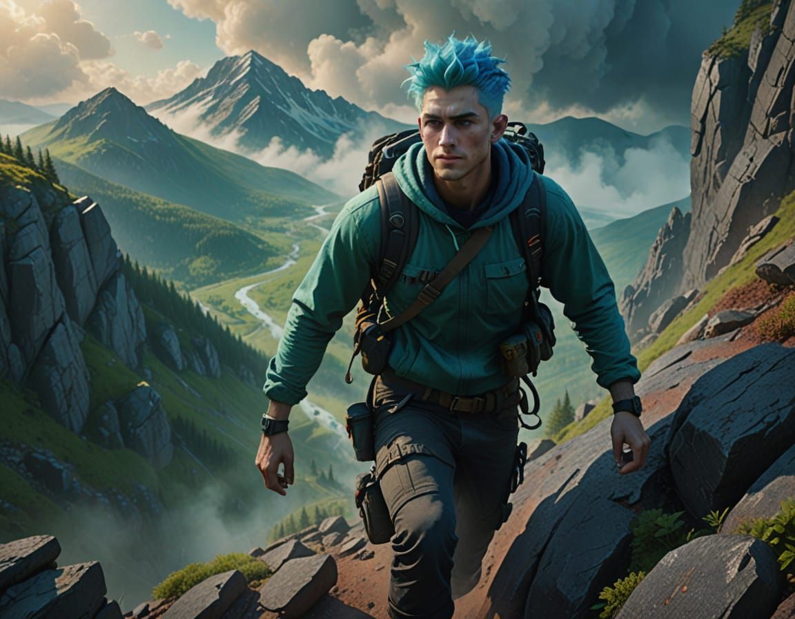 Blue-Haired Climber: Vibrant Cinematic Concept Art