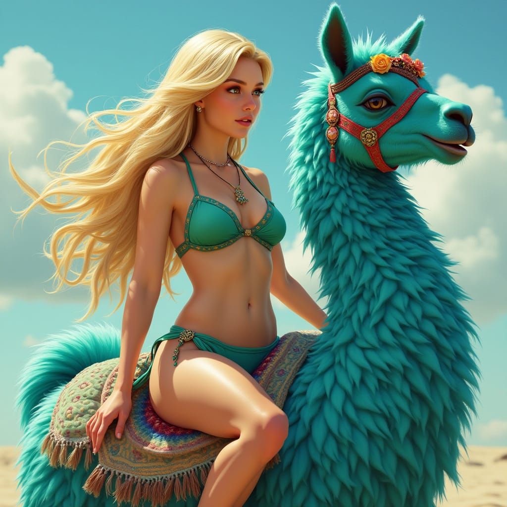 Woman Rides Blue Llama in Whimsical Style