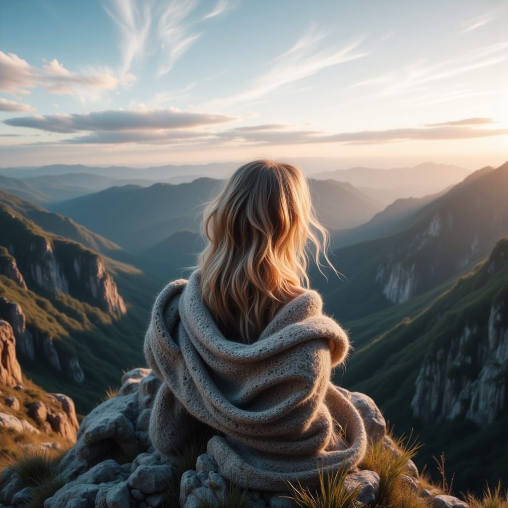 Woman on Mountain Summit with Ethereal Skyline