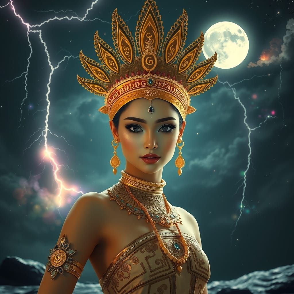 Ethereal Balinese Goddess on the Moon's Surface