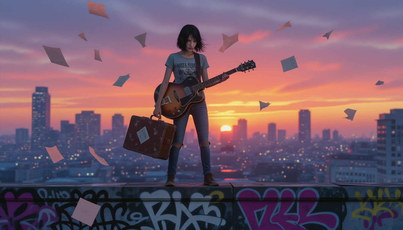 Twilight Girl with Guitar in Cyberpunk Cityscape