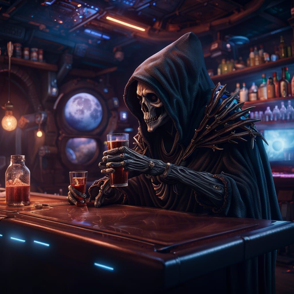Grim Reaper Drinks at a Space Bar