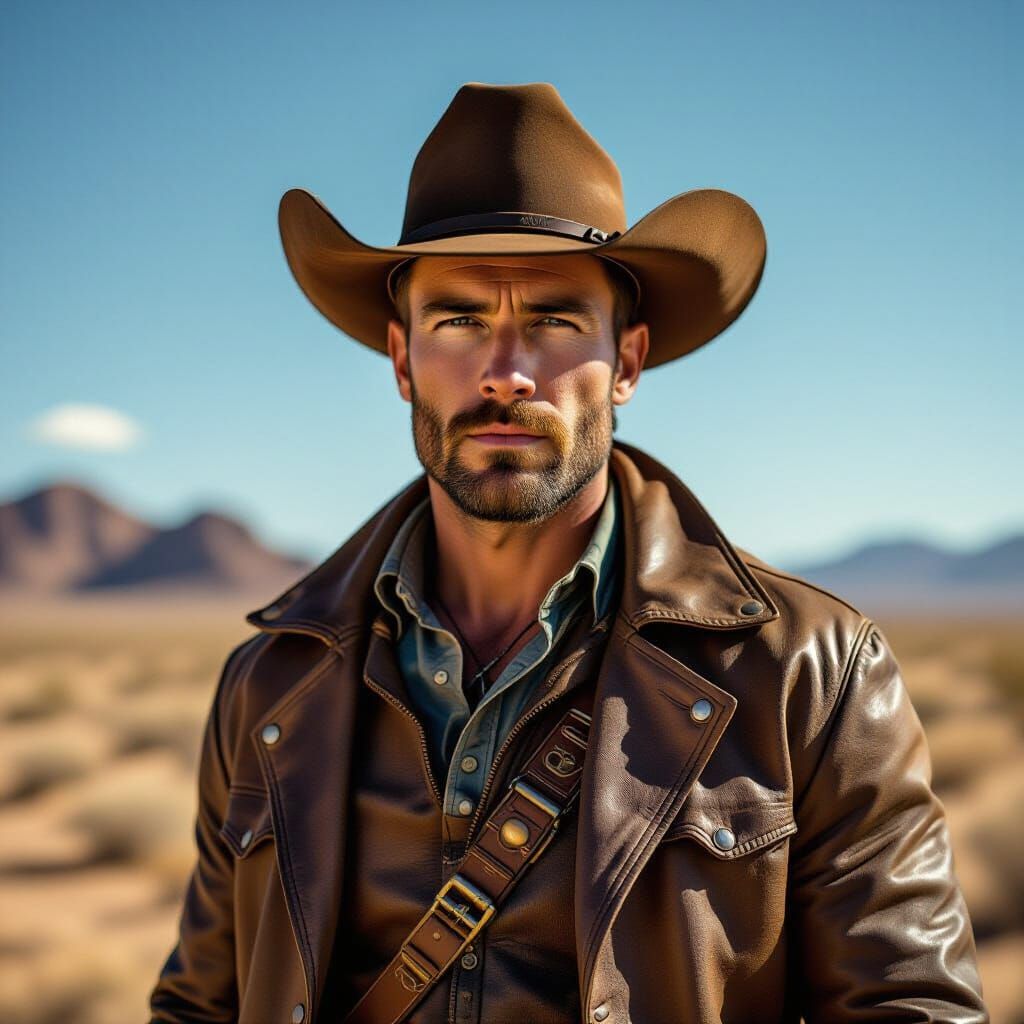 A rugged cowboy in a weathered leather duster under the dese...