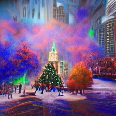 Winter Cityscape with Christmas Tree: Airbrush Art