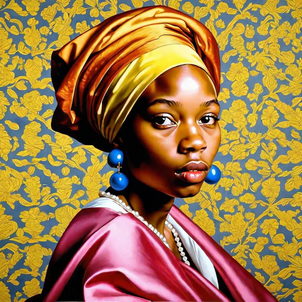 Girl With a Pearl earring in style of Kehinde Wiley