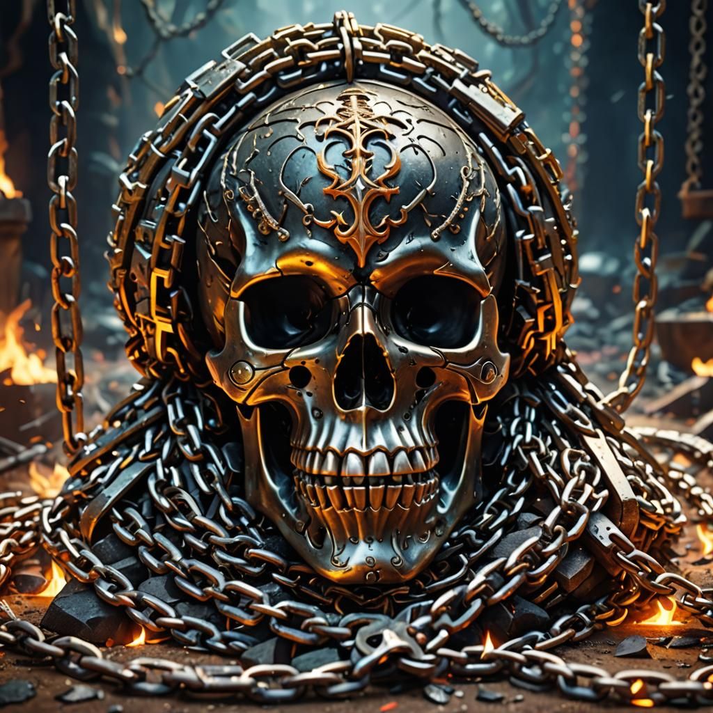 Fearsome Skull in Ashes With Chains and Blades