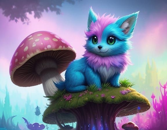 Cute Fluffy Creature on Mushroom, Whimsical Digital Painting