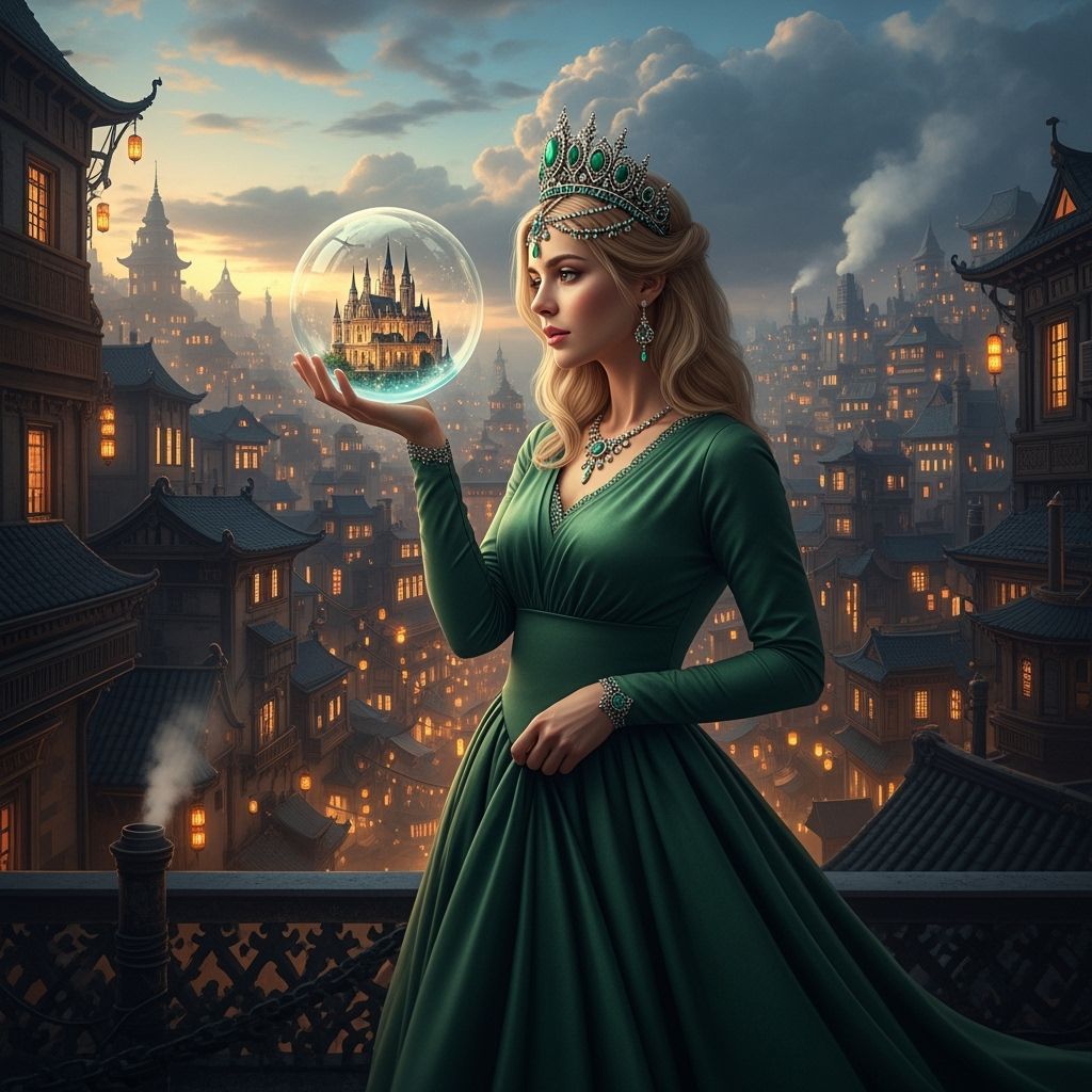 Woman with Glass Ball and Oriental Cityscape