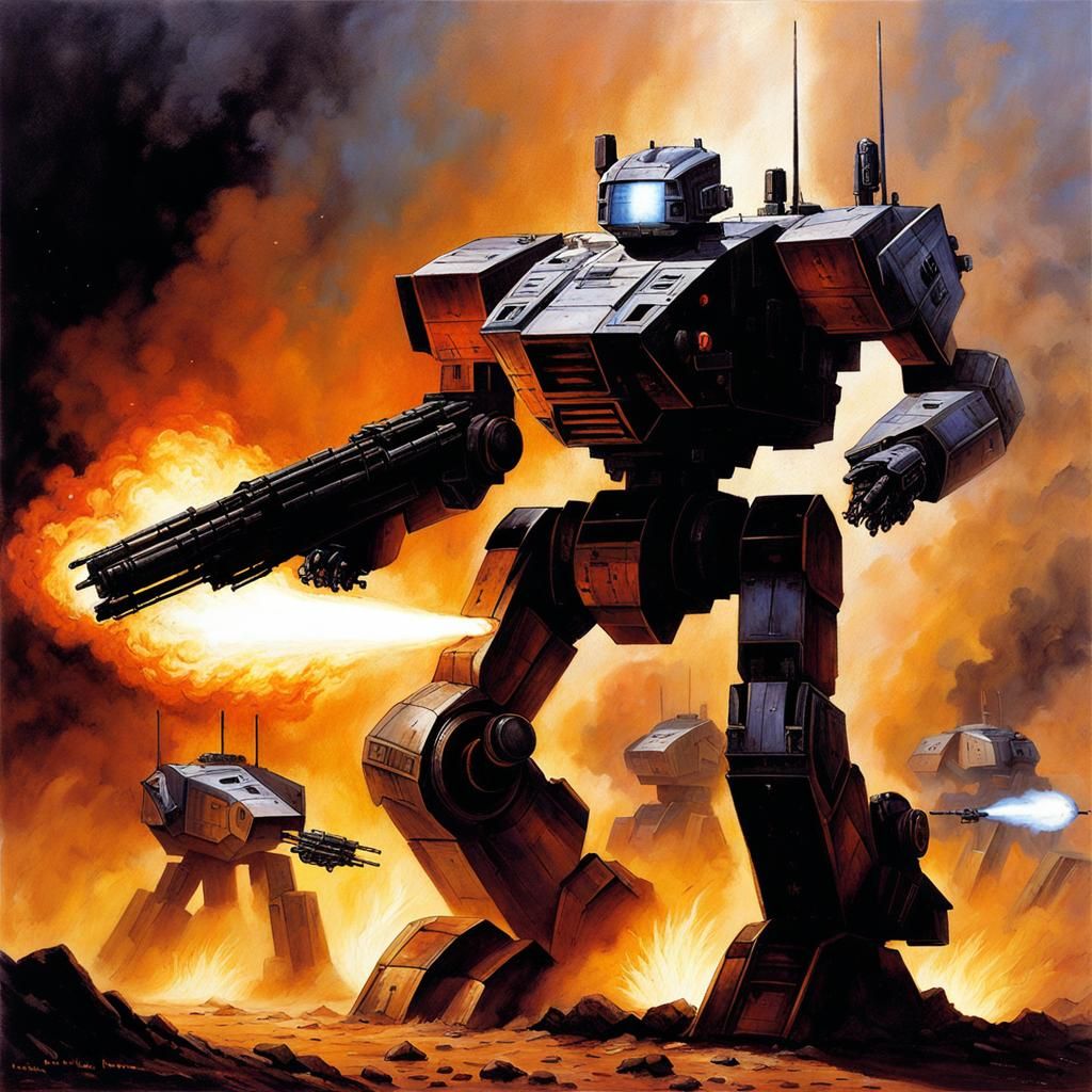 Burning Battlemech Under Fire on Battlefield