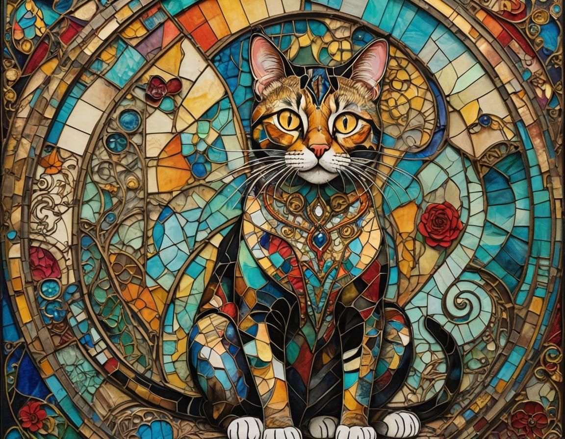 Surreal Elongated-Neck Cat in Fairytale Patchwork Art