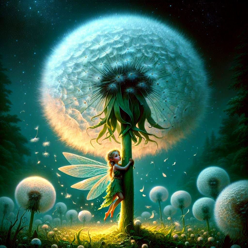 Enchanting Fairy Hugging a Giant Dandelion