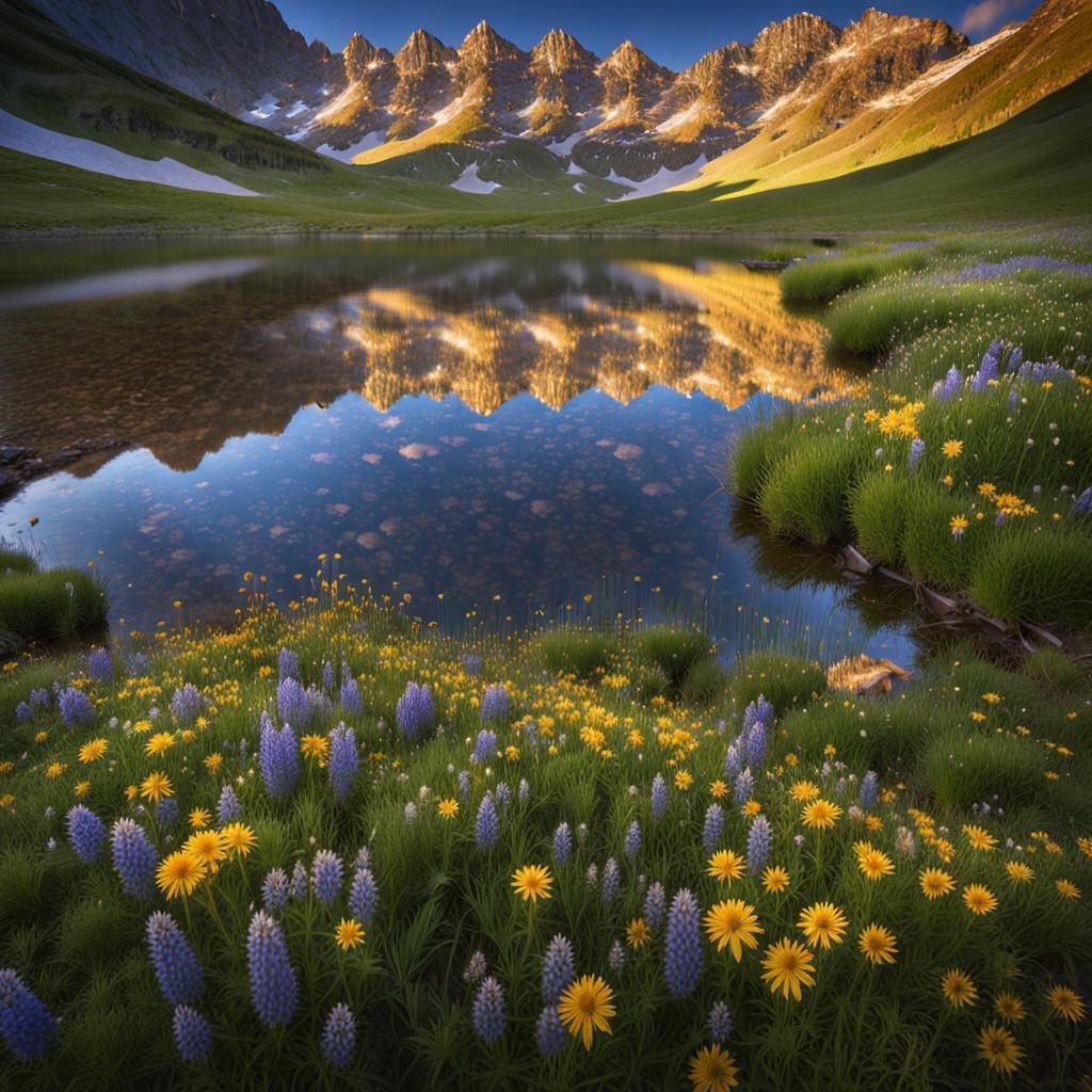 Mountain Lake Reflection in Wildflower Meadow
