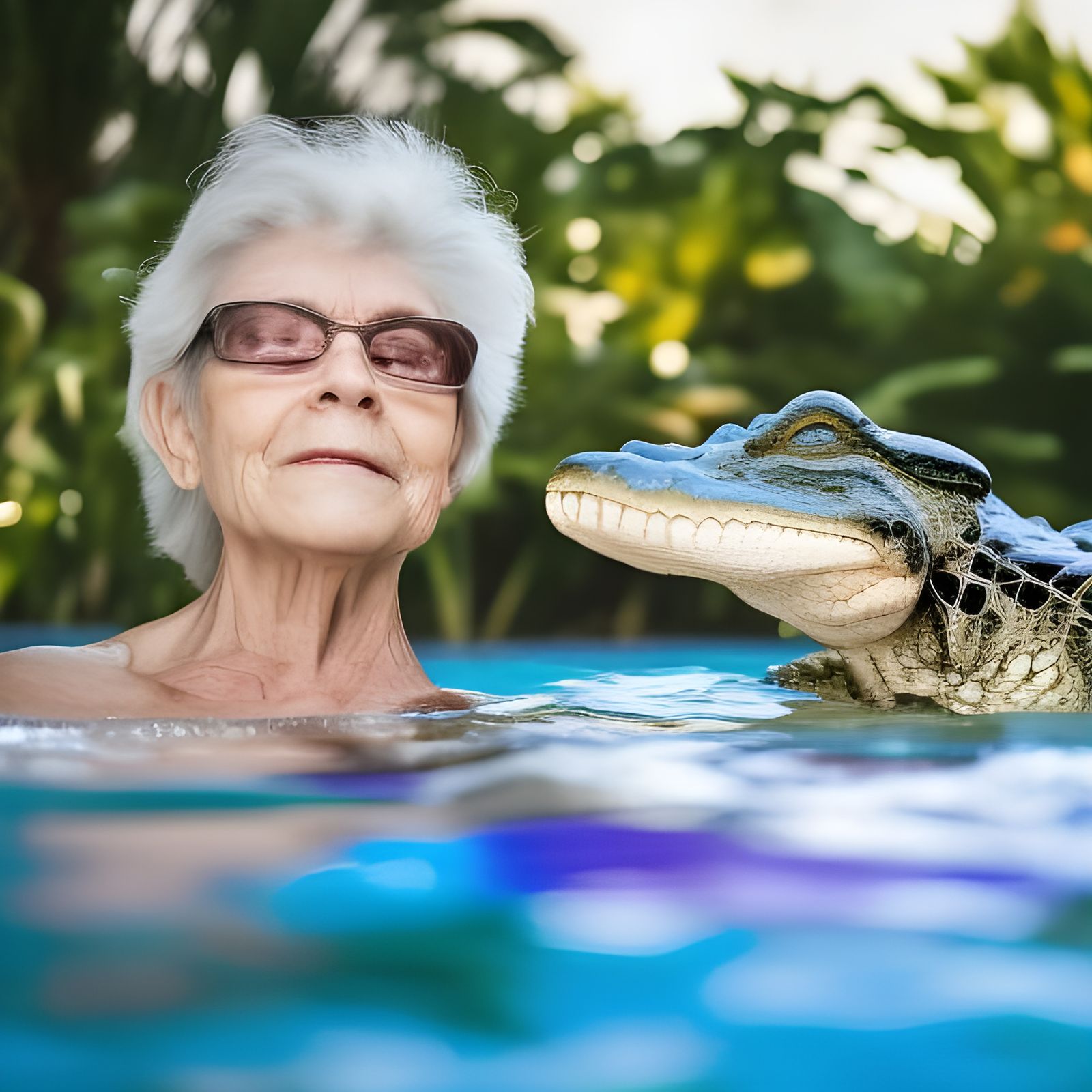 Grandma and her pet alligator in the pool