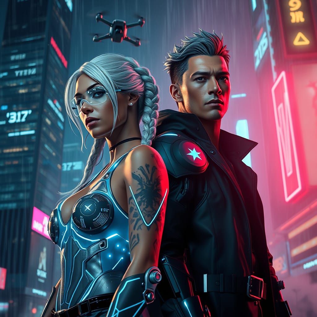 Cyberpunk Power Duo in Gritty Futuristic Cityscape