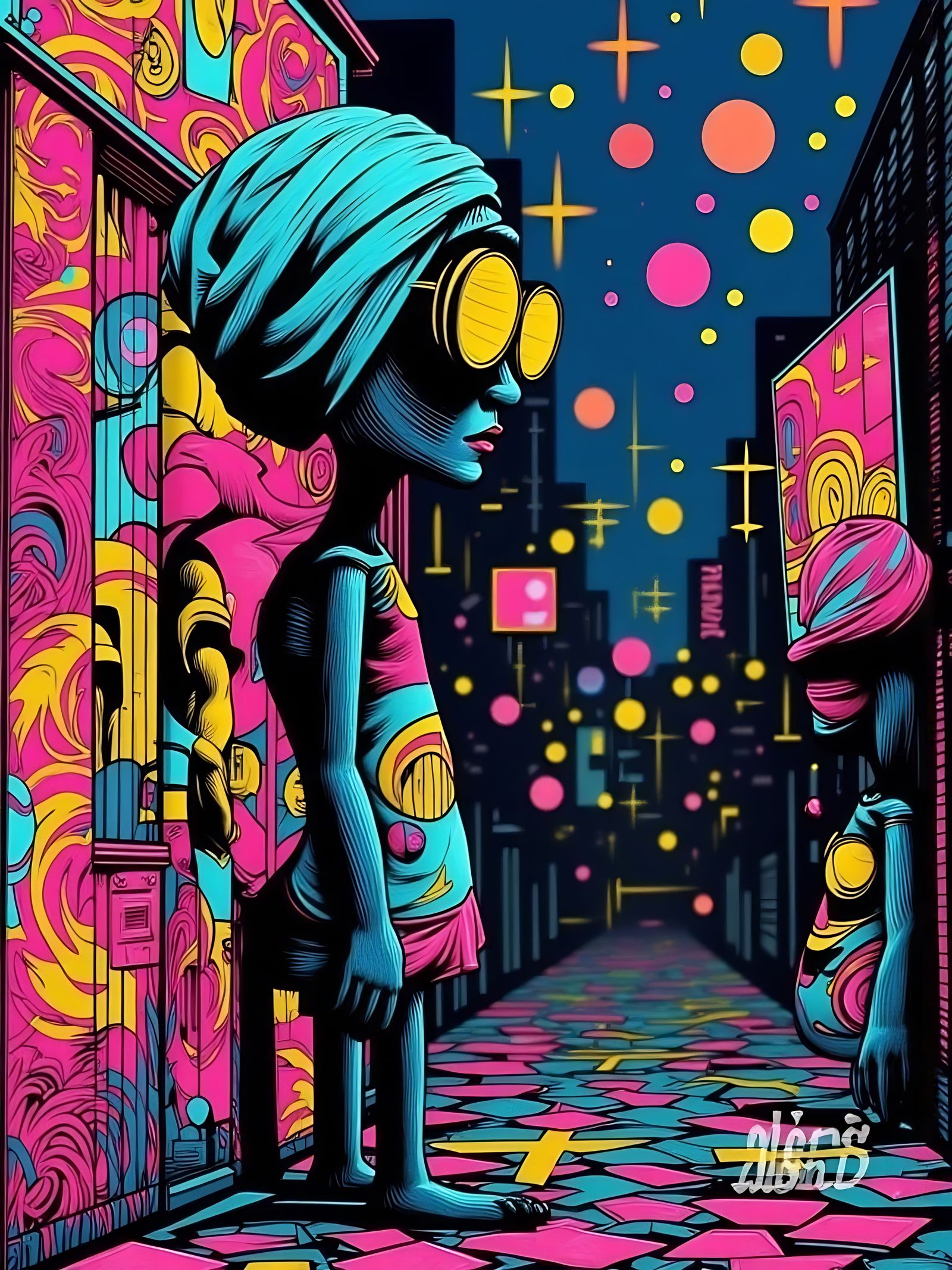 Modern Pop Art Elongated Figures in Vibrant Chaos