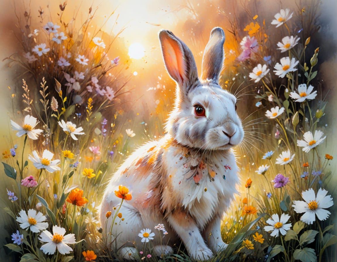 Rabbit in Spring Garden: Watercolor Painting