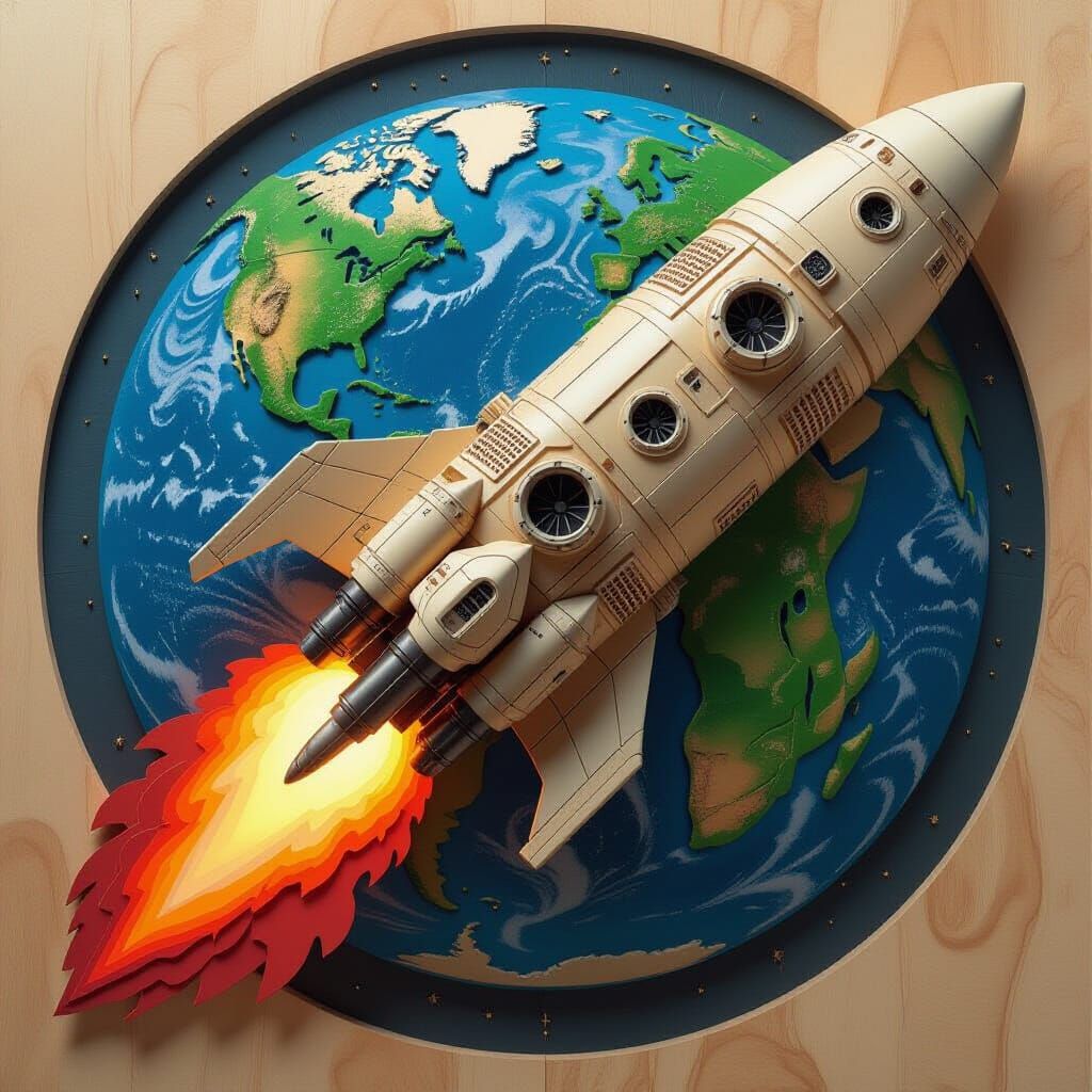 Futuristic Space Rocket 3D Wood Sculpture
