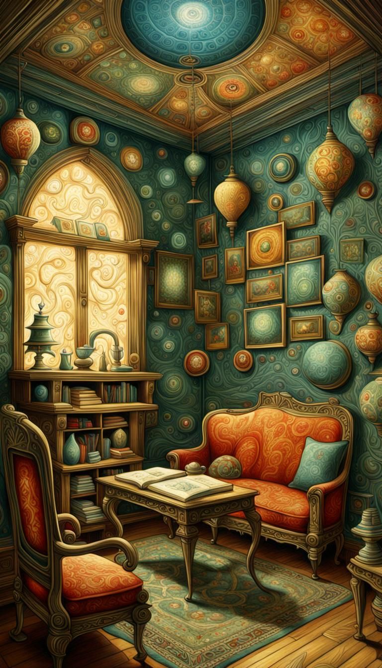 Intricate Fractal Drawing Room in Art Brut Style